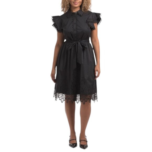 ELIE TAHARI Double Ruffle Short Sleeve Dress With Lace Trim Collar And Placket - Picture 1 of 2